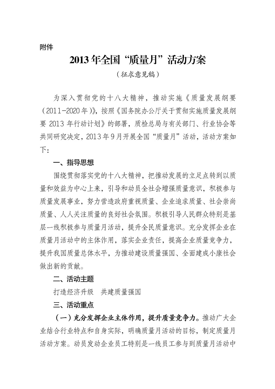 國(guó)家質(zhì)量監(jiān)督檢驗(yàn)檢疫總局《質(zhì)檢總局辦公廳關(guān)于征求<2013年全國(guó)&ldquo;質(zhì)量月&rdquo;活動(dòng)方案>意見(jiàn)的函》