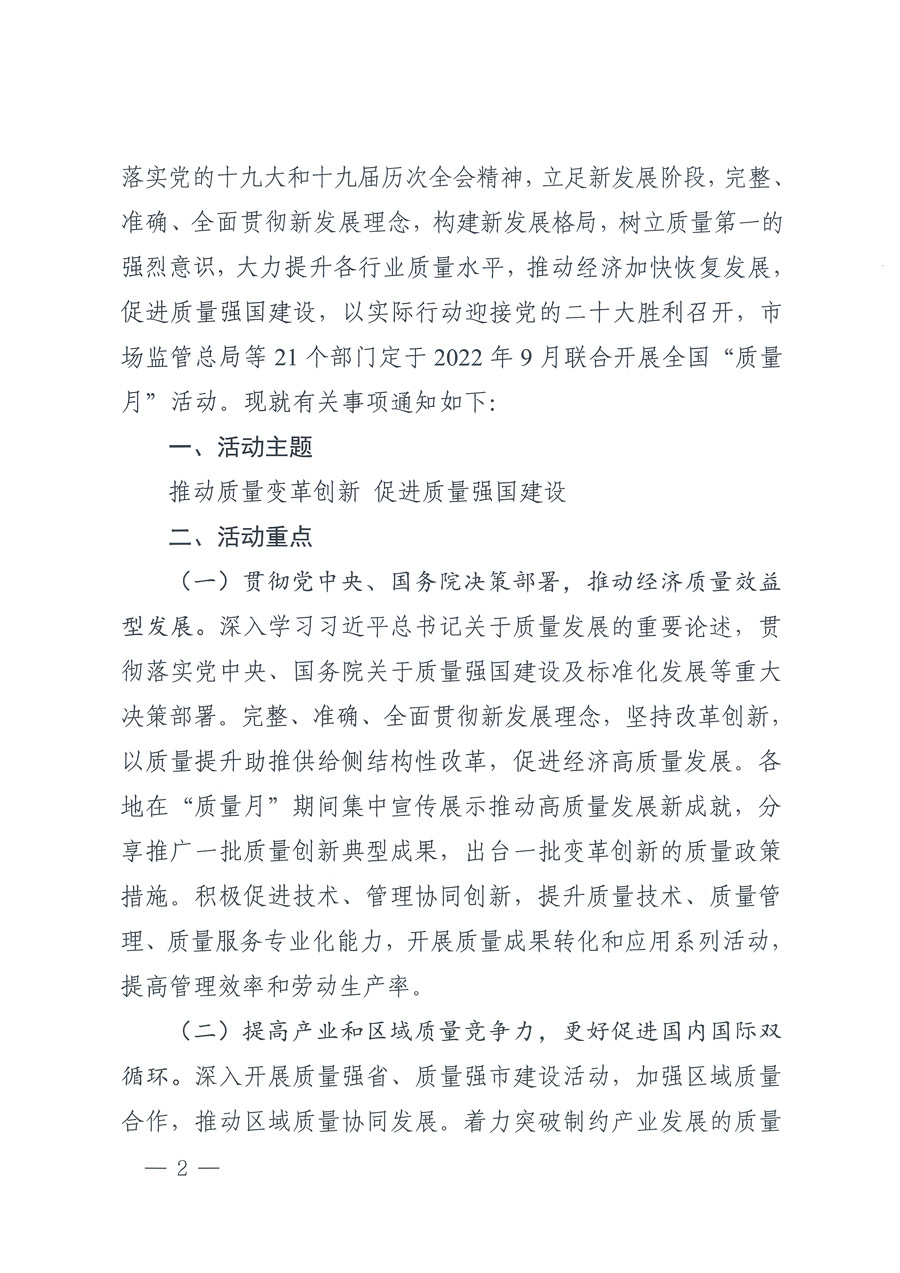 市場監(jiān)管總局等21個(gè)部委（部門）發(fā)文部署開展2022年全國&ldquo;質(zhì)量月&rdquo;活動(dòng)（國市監(jiān)質(zhì)發(fā)〔2022〕76號）